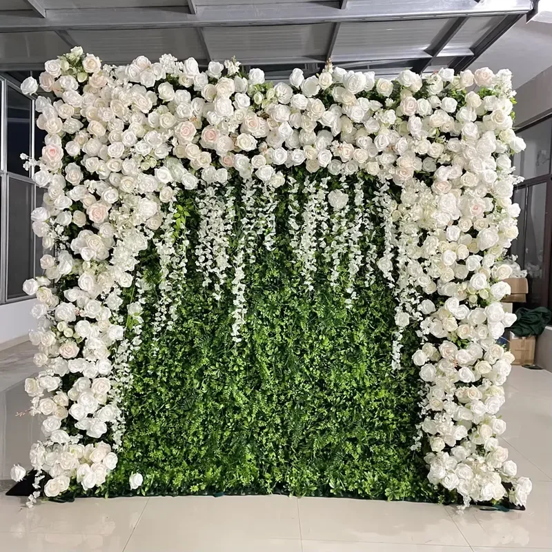 3D White Silk Rose Wall Artificial Flower Background for Wedding Party Decoration High Quality Fake Floral Panel Backdrop