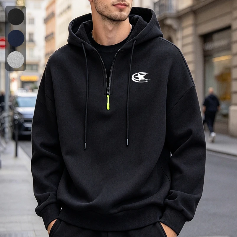 Men's Retro Star Icon Print Half Zip Hoodies Casual Pullover For Daily Commute Streetwear Running And Fitness Sportswear Top