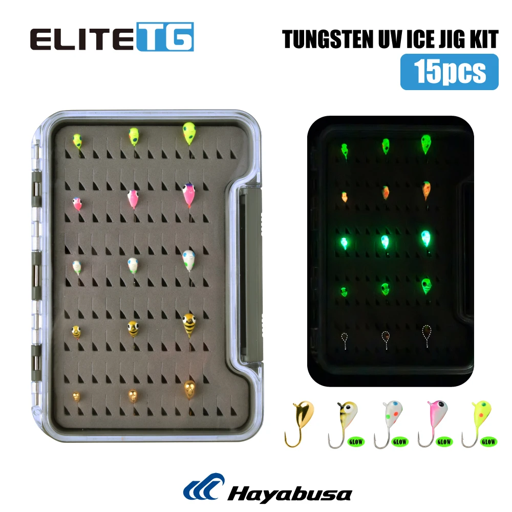 Elite TG Tungsten UV Ice Jig Kit 15PC 3.0mm~5.0mm,Winter Fishing Jigs Colorful Start Boxed Perch Craapie Bluegill Softlure Tool