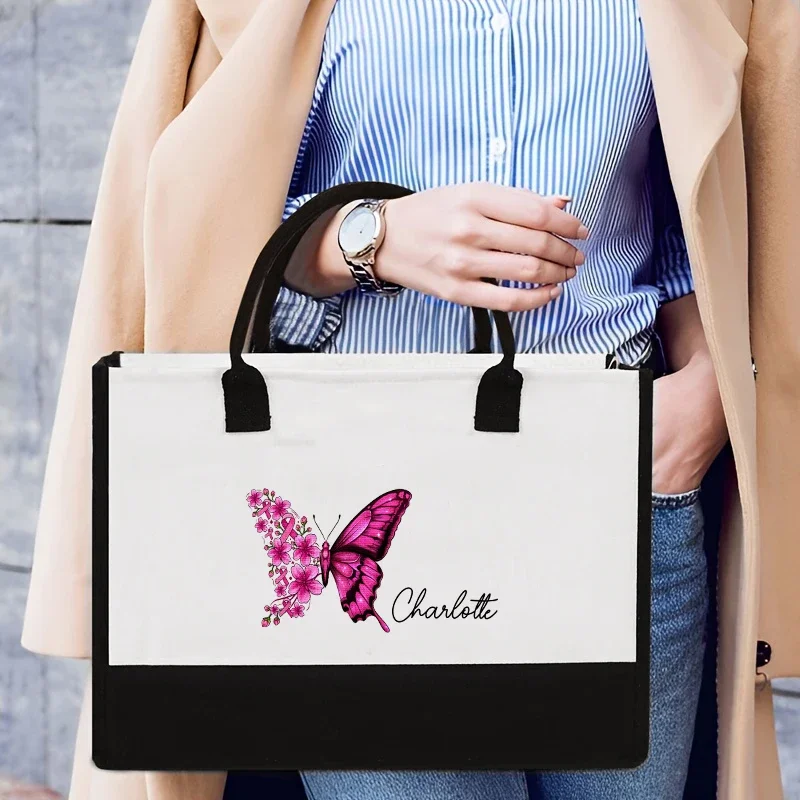 Pink Butterfly Flowers Breast Cancer Awareness Customized Name Tote Bag Reusable Shopping Bag Handbag Personalized Gifts for Her