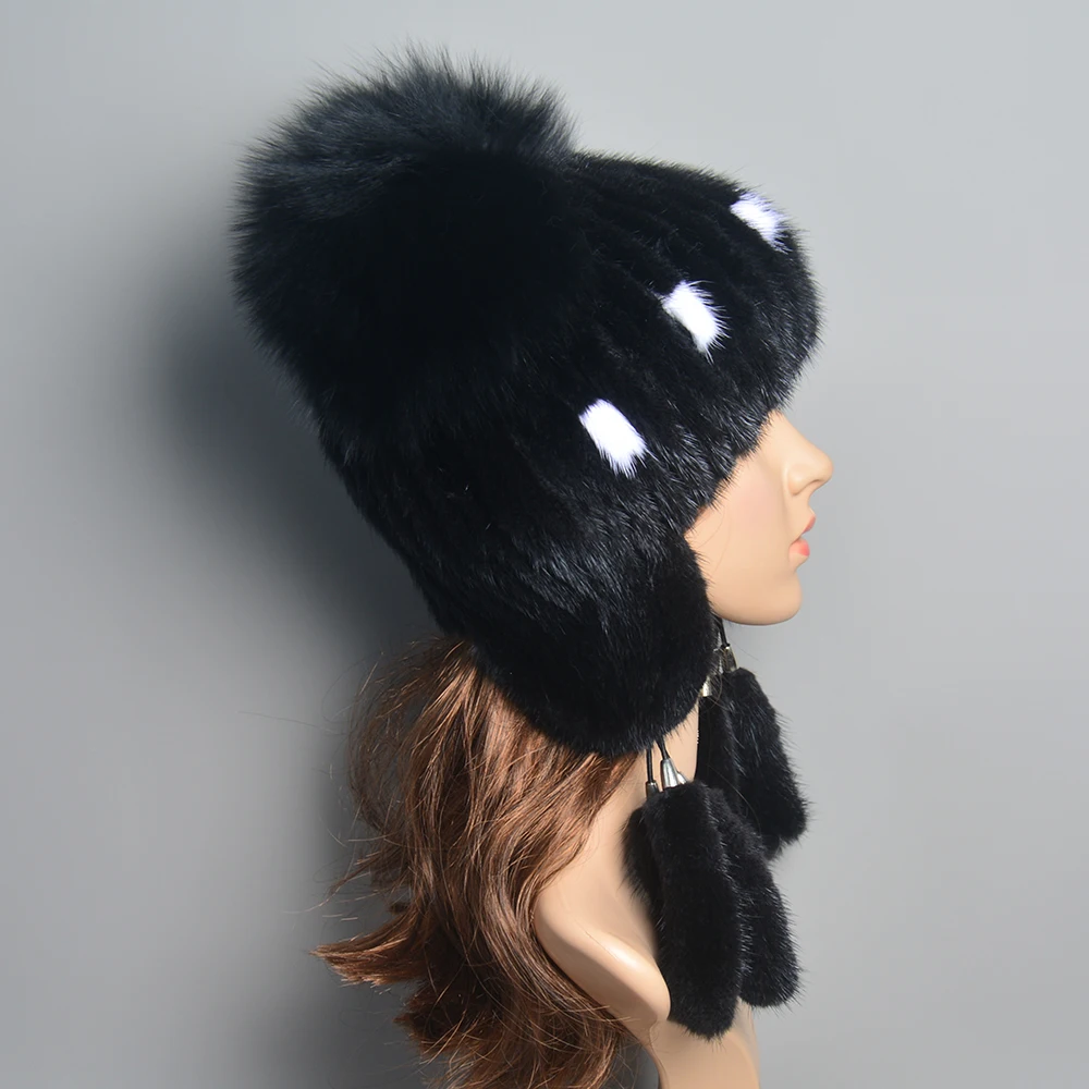 Women Bomber Ear Hats Knitted Natural Mink Fur Tails Earflap Winter Warm Mink Fur Beanies Hat