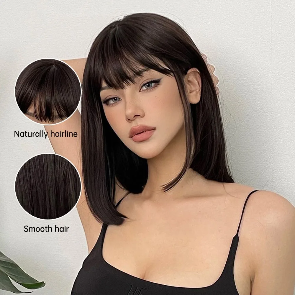 Short Black Synthetic Wig Natural Fringe Straight Bob Short Music Festival Party Cosplay Daily Use Full Head Cover image 2