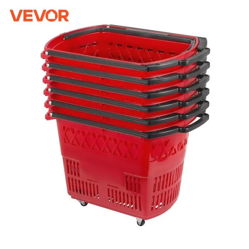 VEVOR 6 Buah Keranjang Belanja Gulungan Plastik Keranjang Belanja dengan Roda dan Pegangan Set Portabel untuk Toko Ritel Supermarket KTV