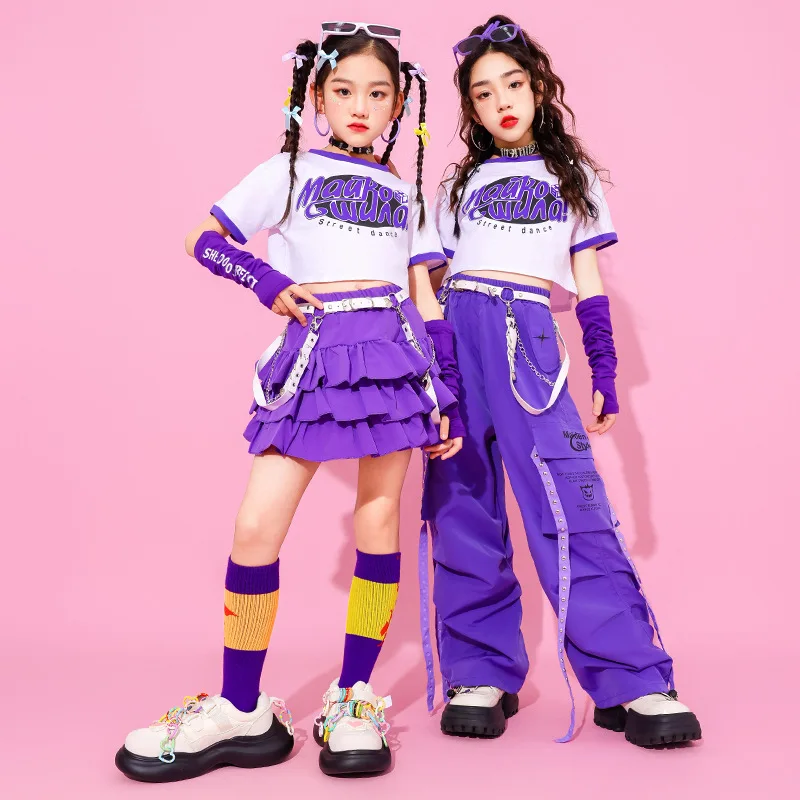 

Hip Hop Girls Crop Top Cargo Pants Tiered Skirts Children Summer Clothes Sets Kids Lovely Streetwear Jazz Street Dance Costumes