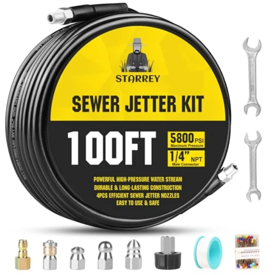 

Pressure Washer Drain Jetter Sewer Jetter Kit for Pressure Washer 100ft 1/4 Inch NPT Hose Nozzles and Adapter 5800PSI Clears Cl