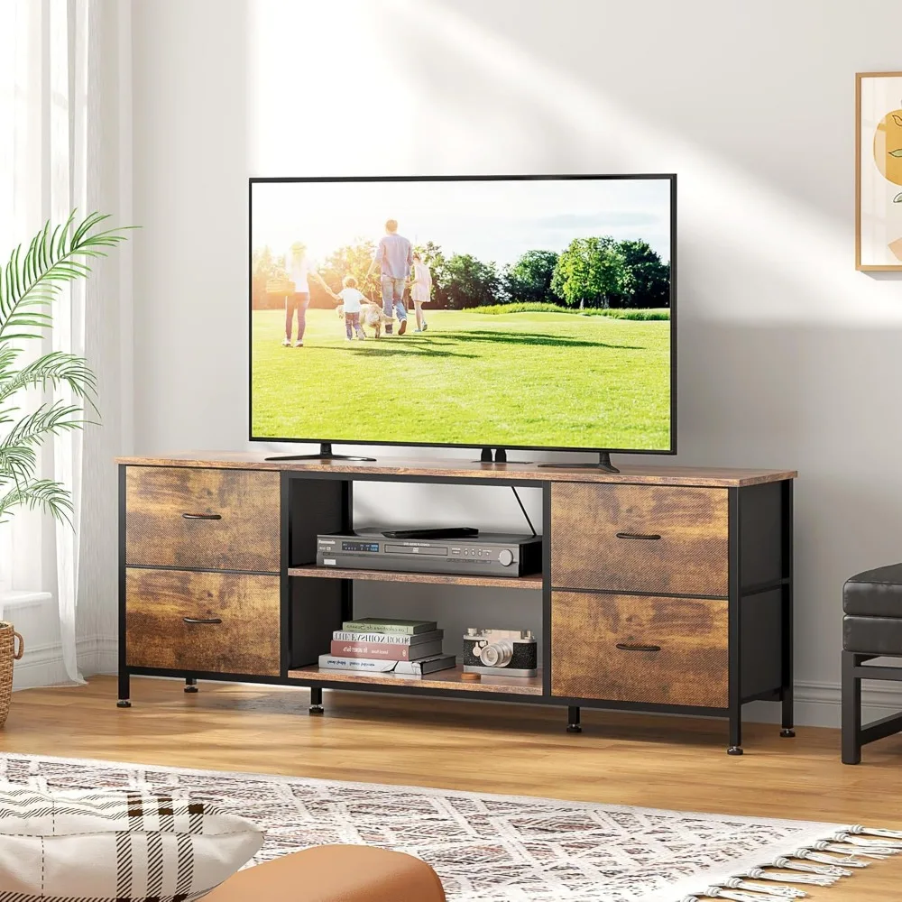خزانة حامل تلفزيون لغرفة النوم مع 4 أدراج قماشية، مركز ترفيه مع مخرج طاقة لأجهزة التلفاز مقاس 55 بوصة، تتميز بخزائن مفتوحة