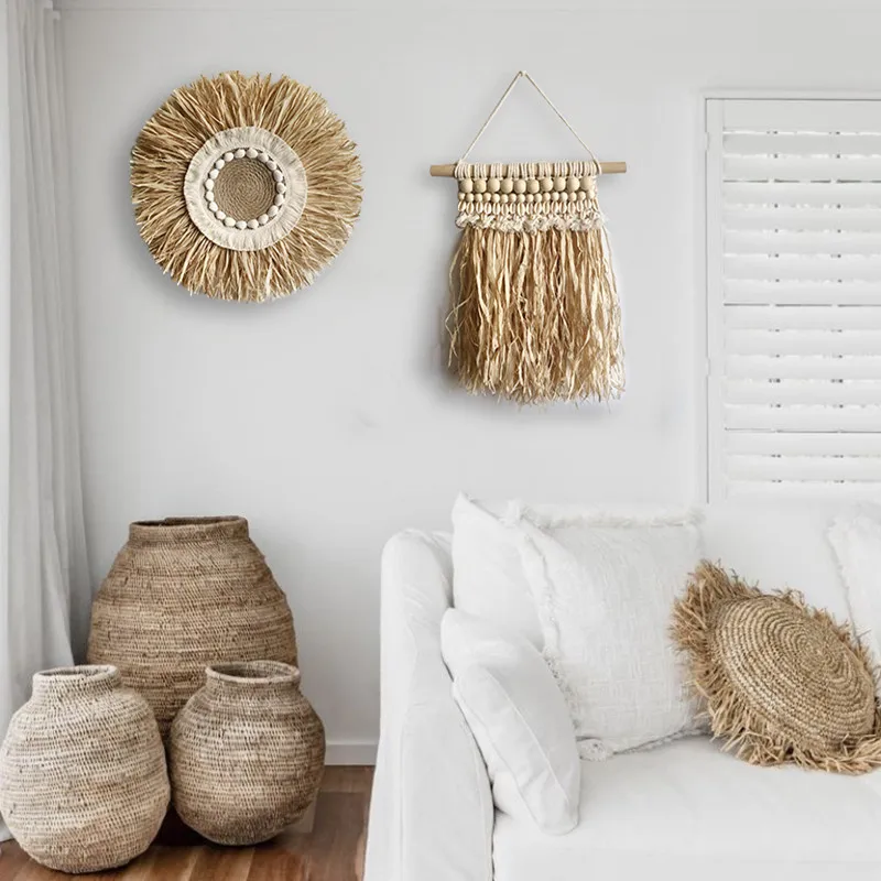 

Handcrafted Southeast Asian Sisal Wall Hanging Tapestry Decorative Grass Baskets for Flower Shops Studio Photography Stores