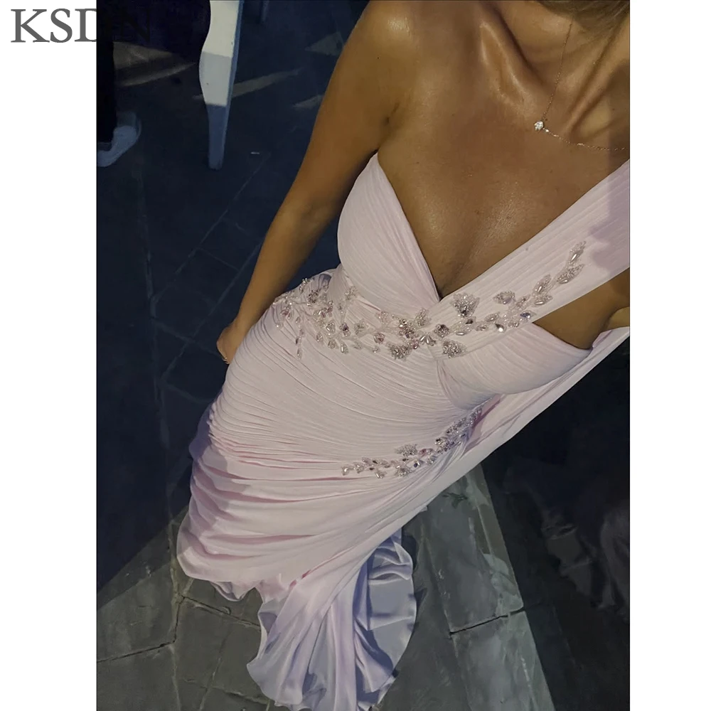 KSDN Luxury Pink Evening Dresses One-Shoulder Sweep Train Sleeveless Crystal Dress Formal Occasion Customzied Pleat Gowns