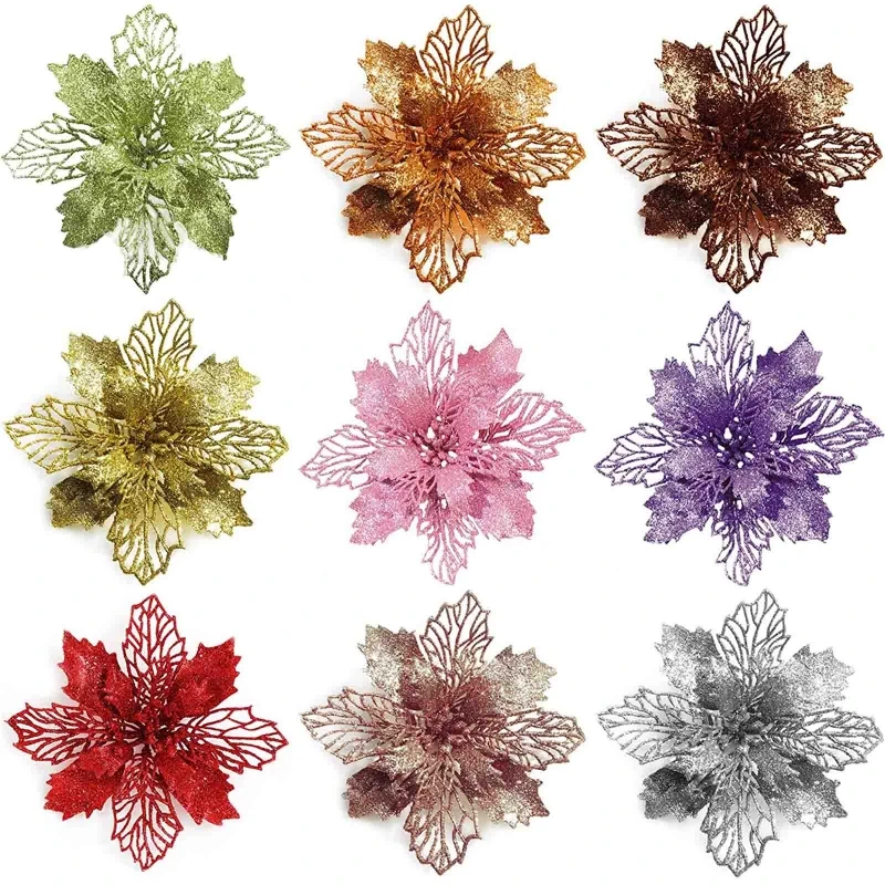 11cm Christmas Glitter Poinsettia Flower Decorative Xmas Tree Flowers for Wreath Ornaments Wedding Party Spring New Dropship