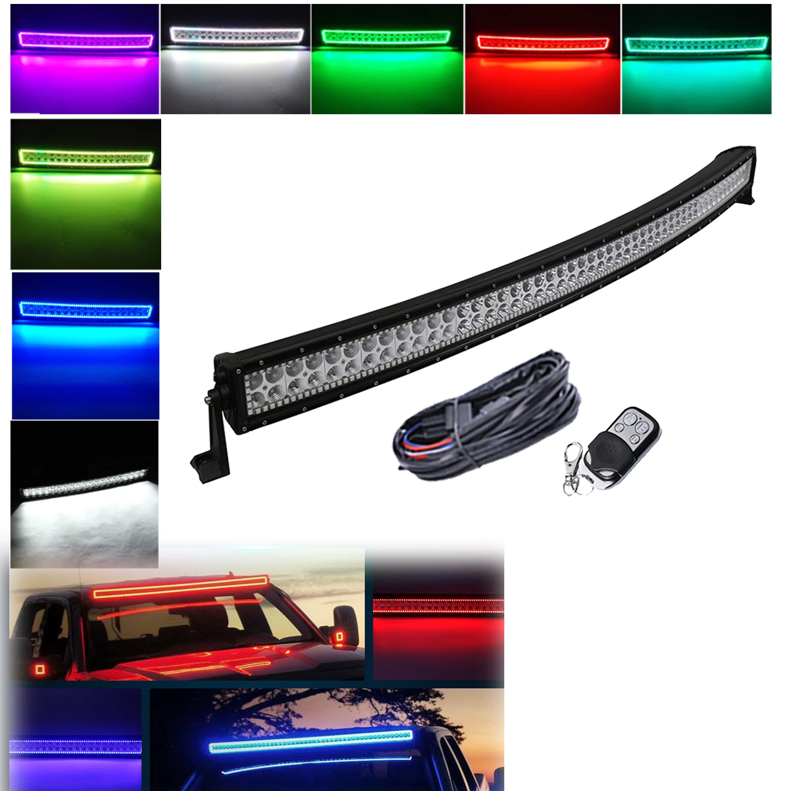 

50inch 288W Off-road Curved Led Light Bar Spot Flood Combo Driving with RGB Angel Halo 7 Colors Change Strobe & Free Wiring Kit