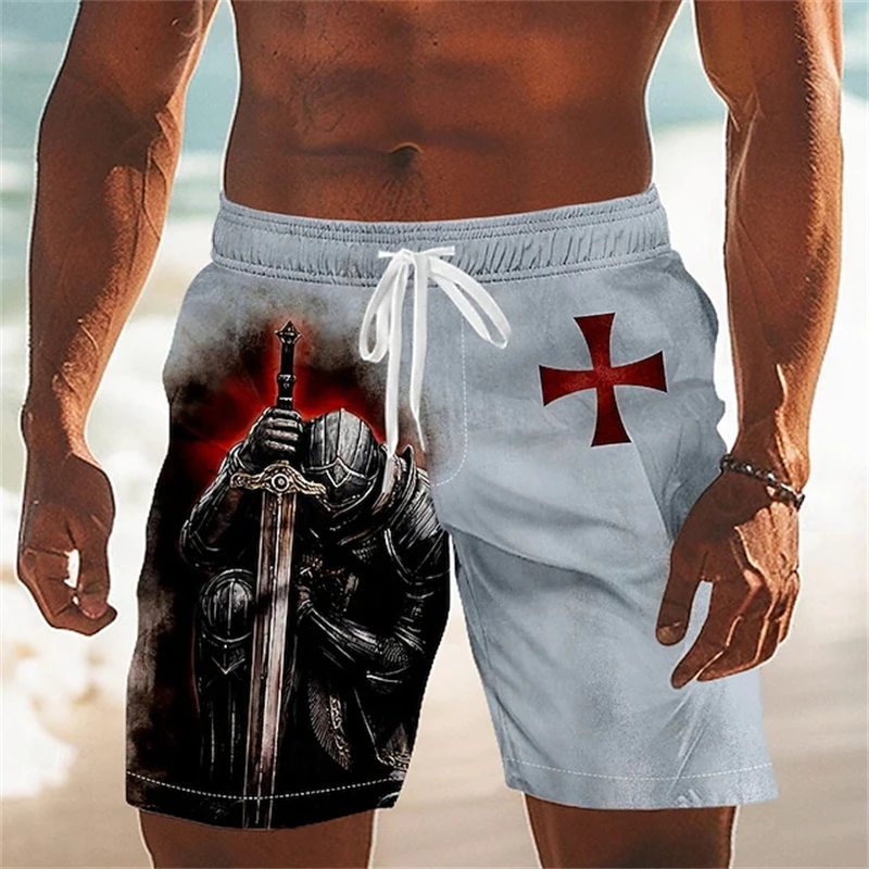3D Printed Templar Cross Graphic Men's Retro Casual Shorts  Vintage Outdoor Daily Elastic Drawstring Waist Summer Swimsuit New