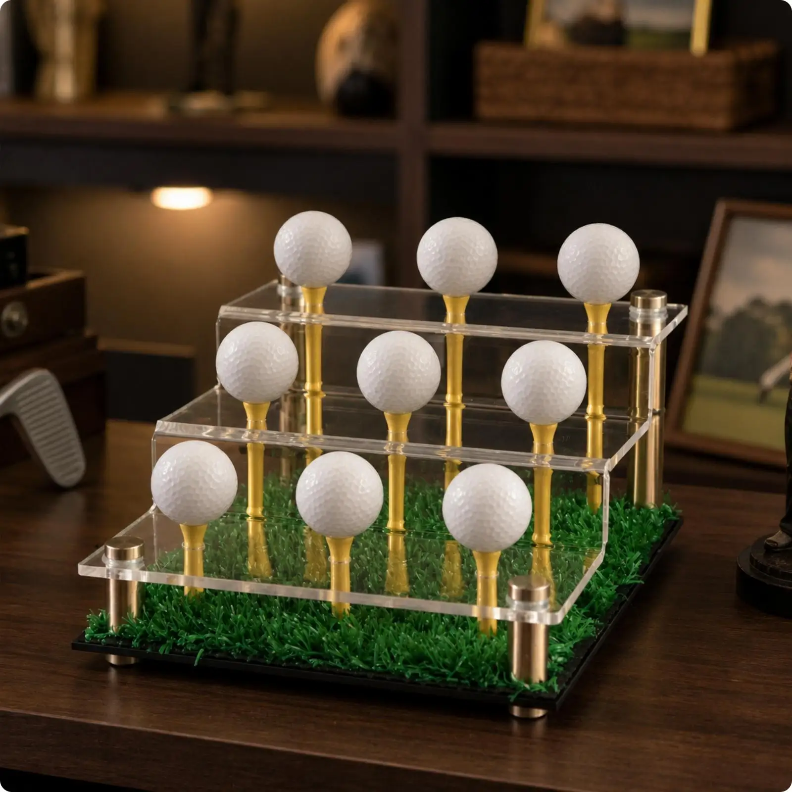 Acrylic Display Shelf 3-Tier Golf Ball Display Rack with Grass Base for Golfers, Clubhouse, Pro Shop