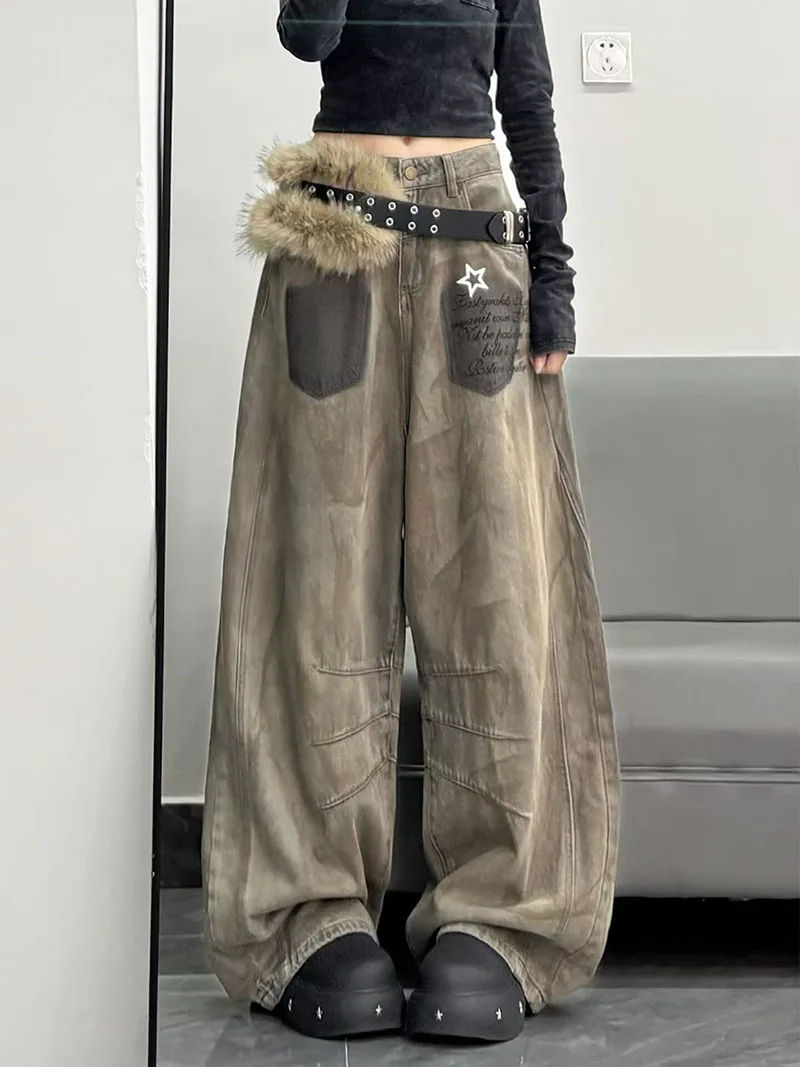 Khaki Color High Street Jeans Vintage High Waisted Distressed Curved Knife Pants Women's Loose Commuting Wide Leg Trousers