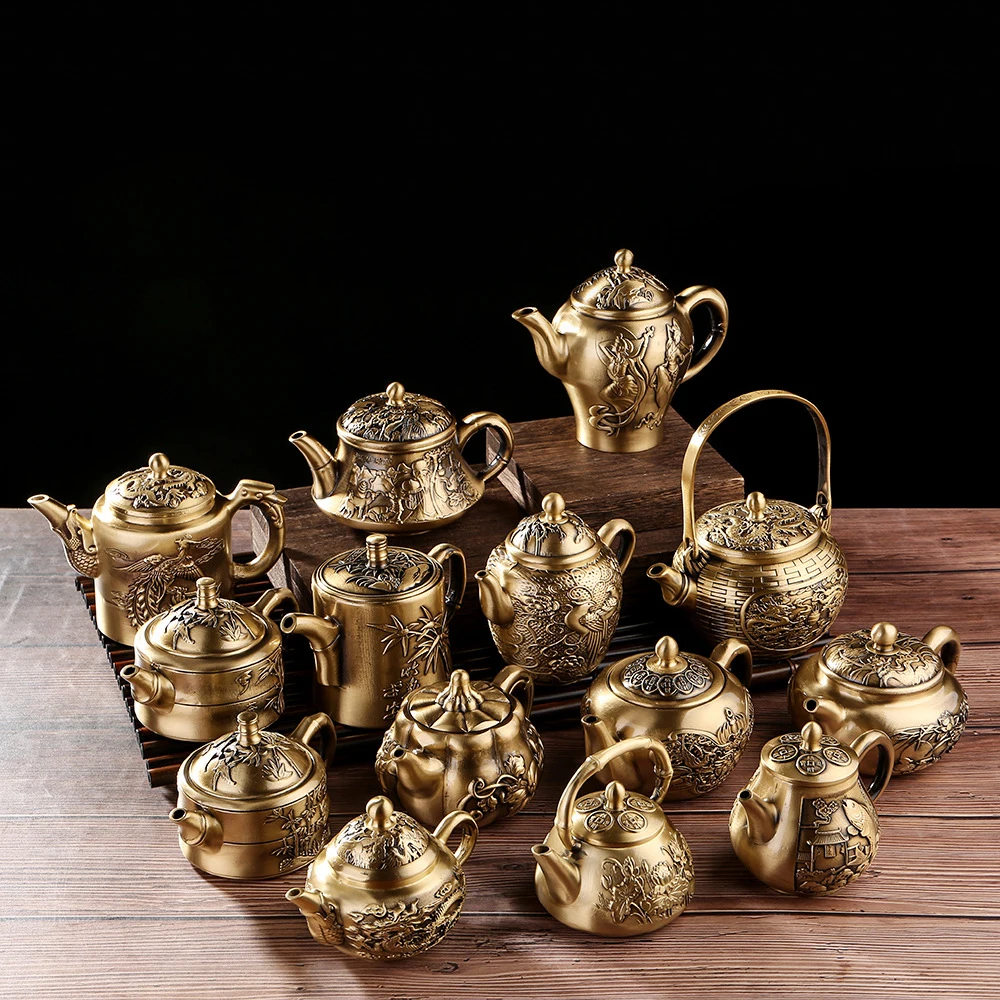 

Pure Brass Tea Pot Handle Pot Decorations, Full of Happiness and Longevity, Fish Leaping, Dragon Gate, Small Tea Pot, Tea Set