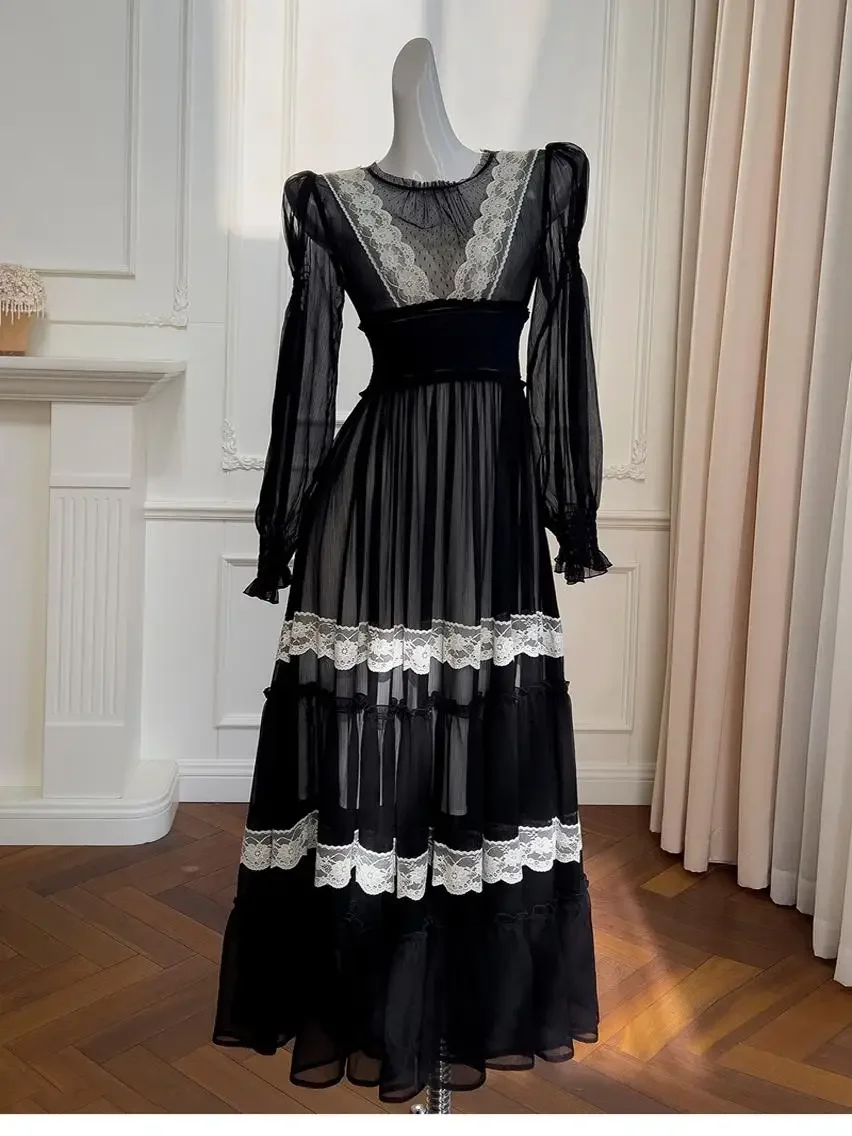 Robe de soirée longue en mousseline de soie à col rond pour femme, robe trapèze taille haute, dentelle socialite, manches lanterne, grand ourlet, français, élégant, rétro, printemps