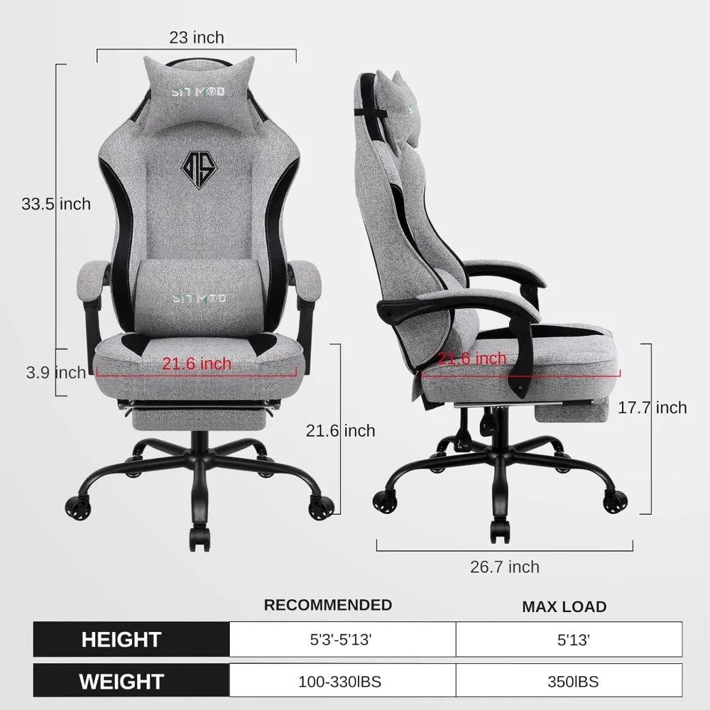 

Adult video game chair with footrest, high backrest headrest, lumbar support, fabric office computer desk
