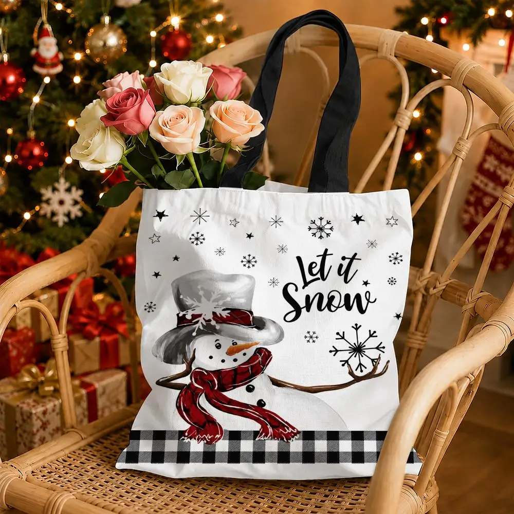 Hristmas Dachshund Checkered Storage Bags Canvas Tote Bag Double-Sided Print Durable Shoulder Handbag for Festival Party Gift