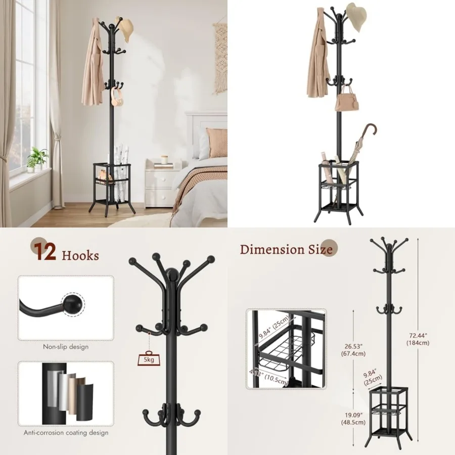 

Coat Rack Freestanding, Coat Rack Stand with Umbrella Holder, Metal Coat Tree with 12 Hooks, Tree Clothes Hat for Entryway, Hal