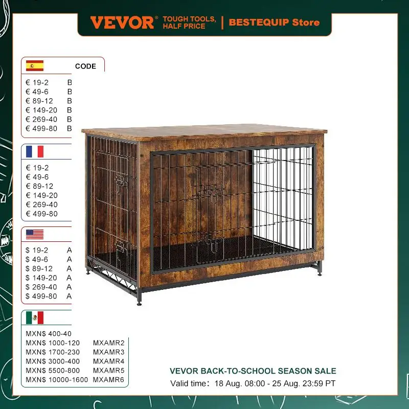 VEVOR Heavy-Duty Wooden Dog Crate End Table Furniture Kennel with Double Doors Multi-Purpose Removable Tray for Dogs Indoor