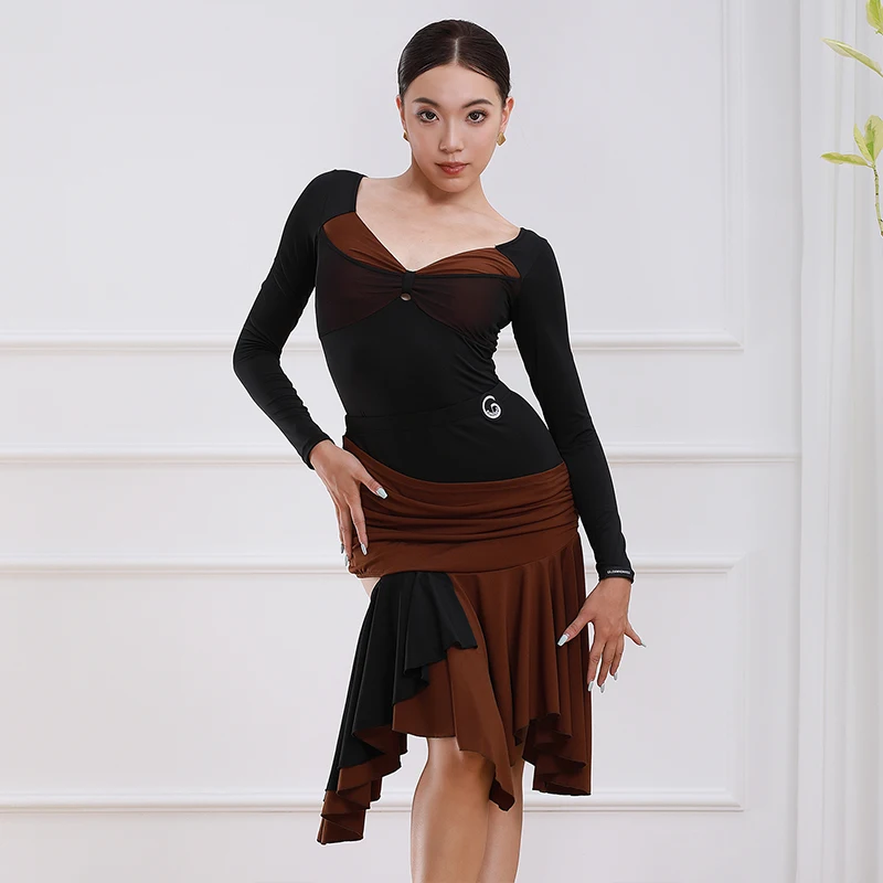 

Black Brown Latin Dance Dress Women Long Sleeve Leotard Frill Dance Skirt Adult Cha Cha Rumba Performance Practice Wear VDL4605