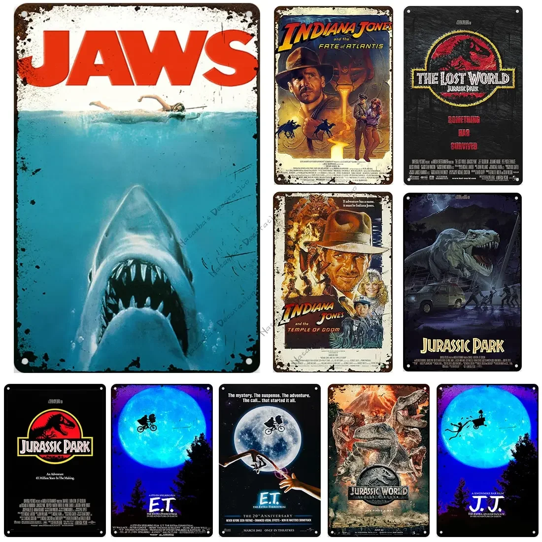Carteles de chapa de Metal de película Vintage, Jurassic Park ET JAWS, placa decorativa de pared, placa de póster para decoración del hogar