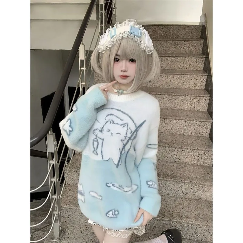 Korean Preppy Subculture Loose Sweater Winter New Kawaii Anime Print Long-sleeved Knitwear Women's Harajuku Cosplay Clothing