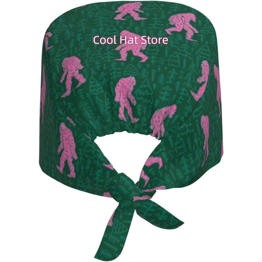 1pc Adjustable Scrub Cap with Sweatband - Lightweight 100%, Green with Pink Dinosaur & Foliage Print, Adjustable Unisex Nurse Ca
