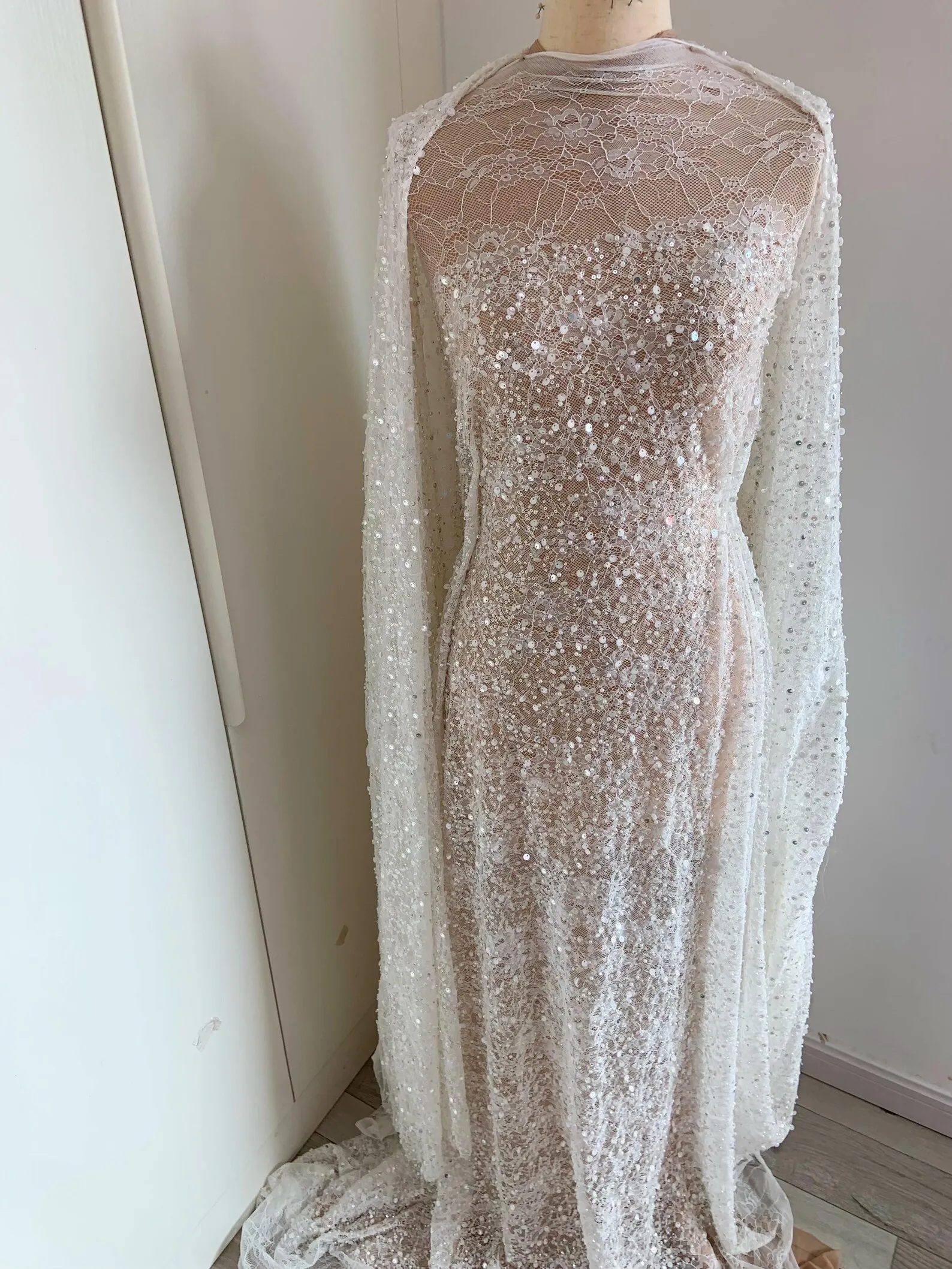 Off White Lace Fabric With Sequins And Beads, Beaded Lace Fabric For Bridal Dress