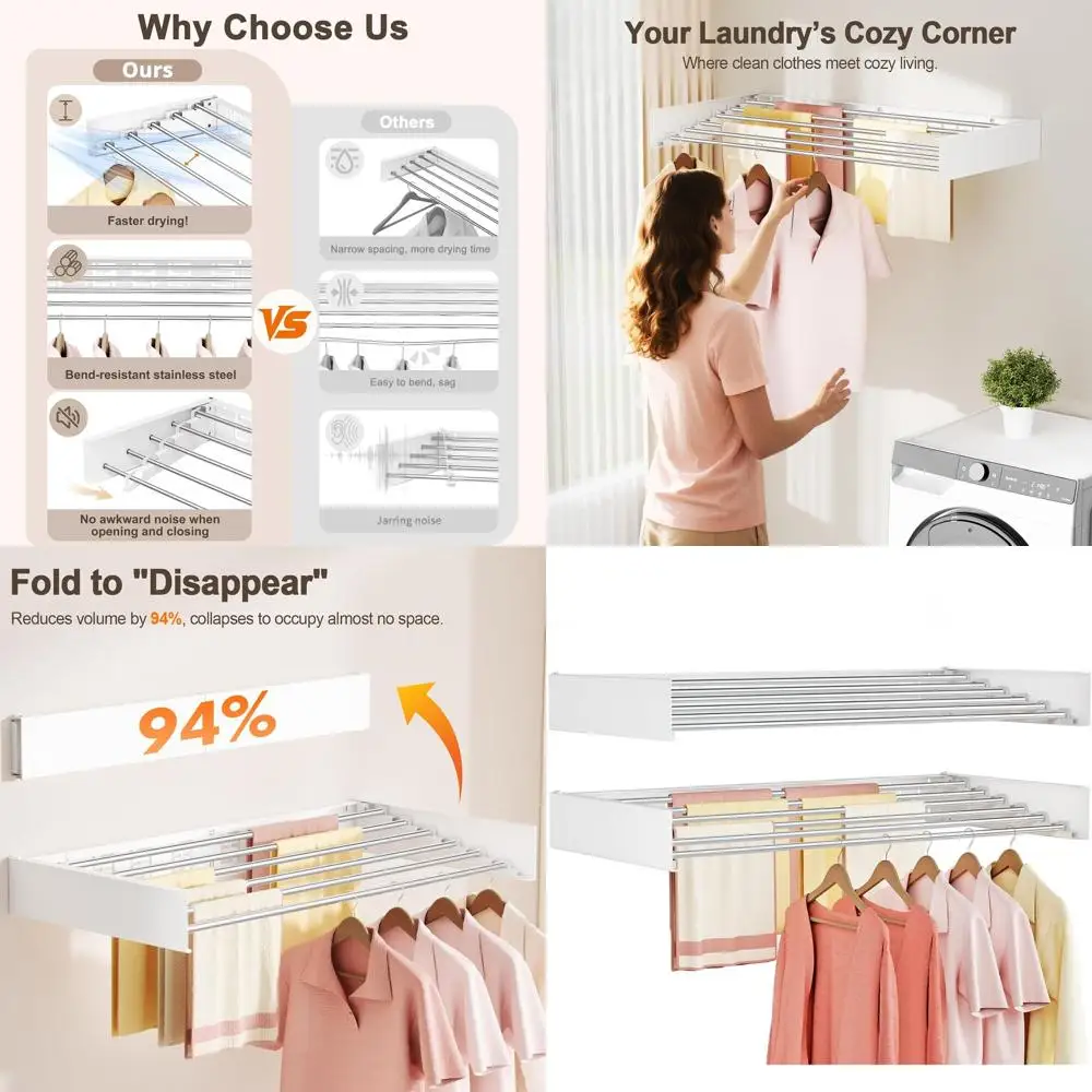 Space-Saving Indoor Folding Clothes Drying Rack, Collapsible & Retractable, 6 Rods, White, 40