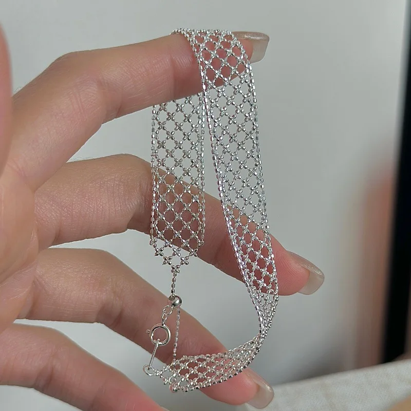 BOCAI New S925 Sterling Silver Jewelry Niche Retro Mesh Simple Bracelet Valentine's Day Selected Gift