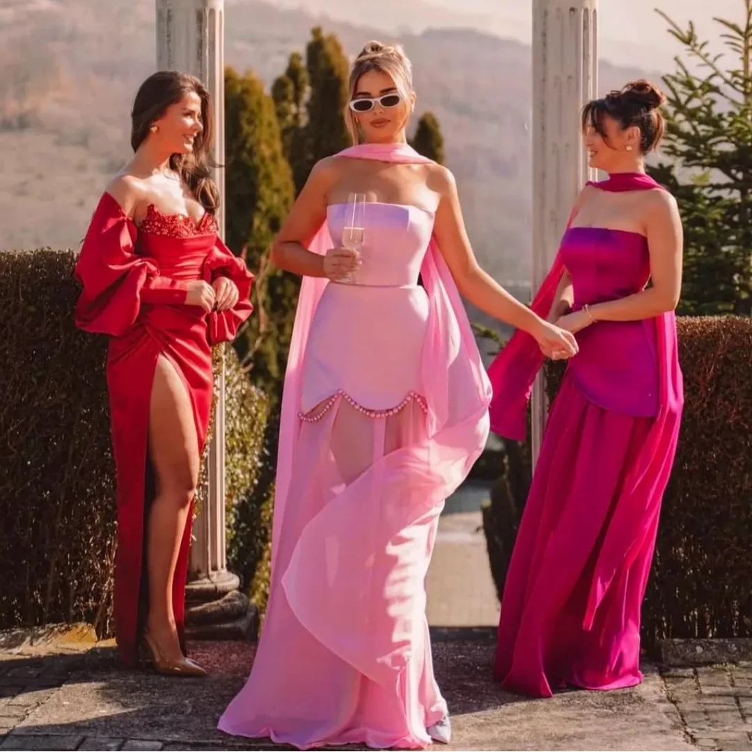 Pink Strapless Evening Dresses Woman Transparent Skirt vestidos de noche Prom Dress Elegant Wedding Party Gowns Customized