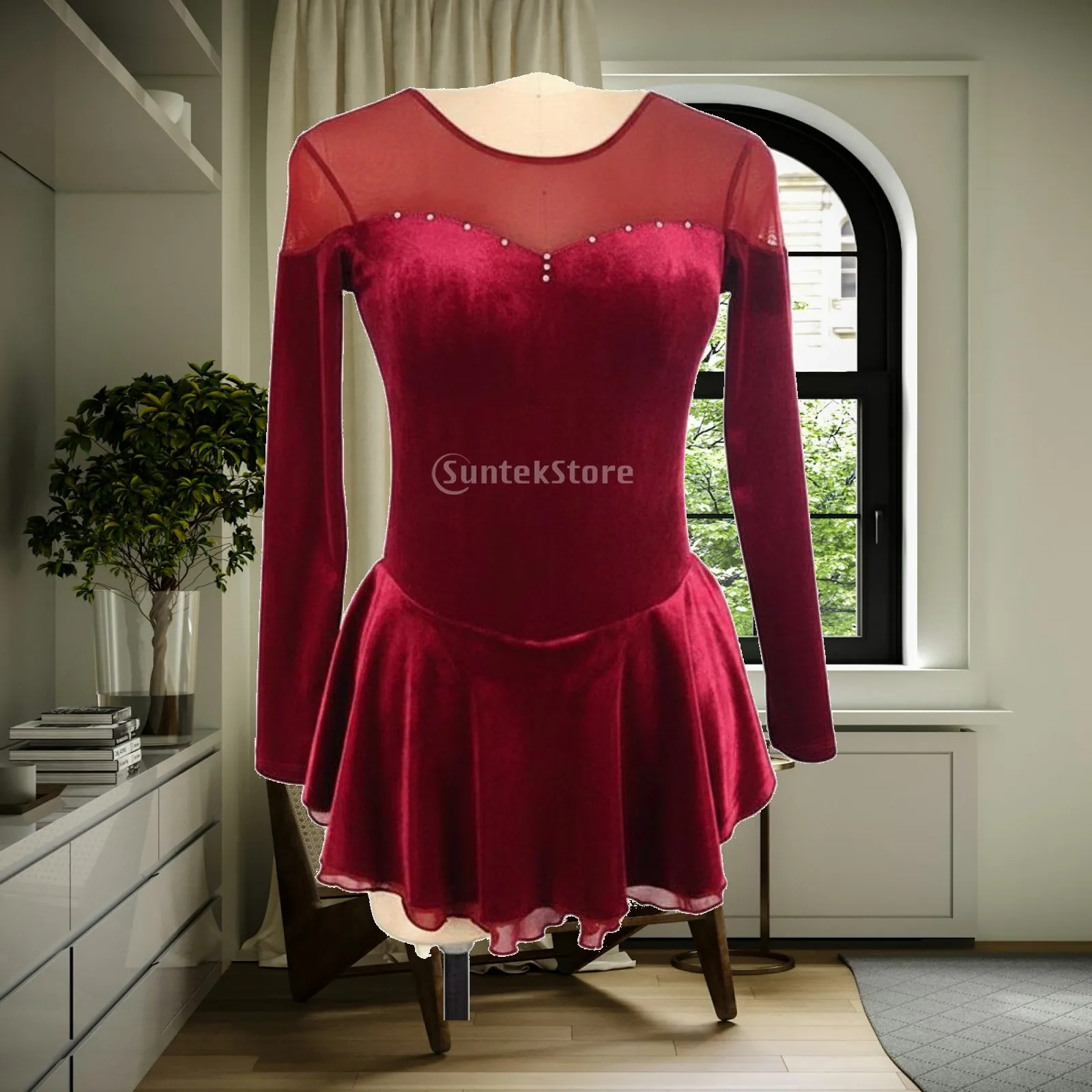 Girls Velvet Figure Skating Dress Handmade Rhinestone Leotard with Mesh Neckline for Ice Rink Testing