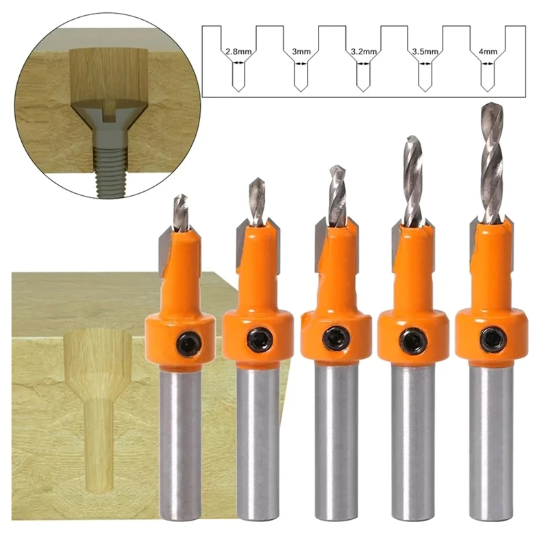 A23T 8mm Countersink Drill Bit Set, 5Pcs HSS Woodworking Drill Bits with Hex Key Wrench for Clean Hole Drilling in Wood