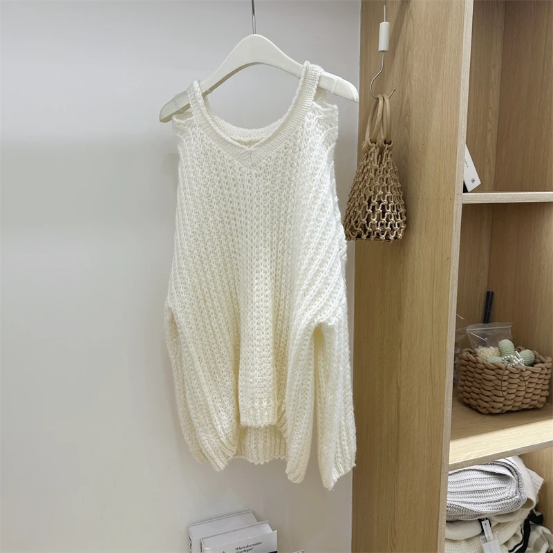 Women's Clothing Grey V-neck Off Shoulder Knitting Sweater Long Sleeves Cashmere Wool Vintage Fashion Baggy Winter Female Tops