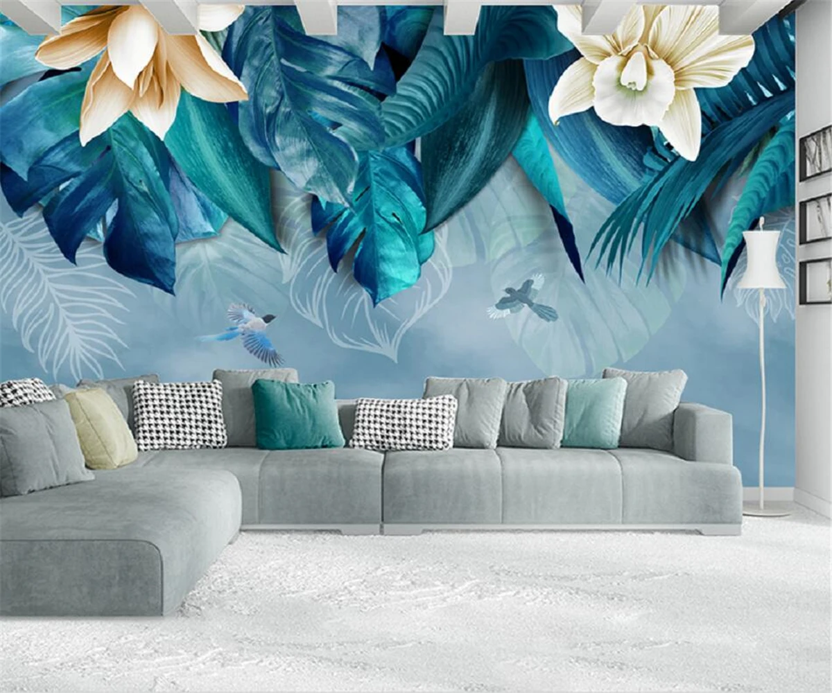 

Custom bedroom room leaf mural Nordic hand-painted tropical plant flowers and birds background wall decoration painting