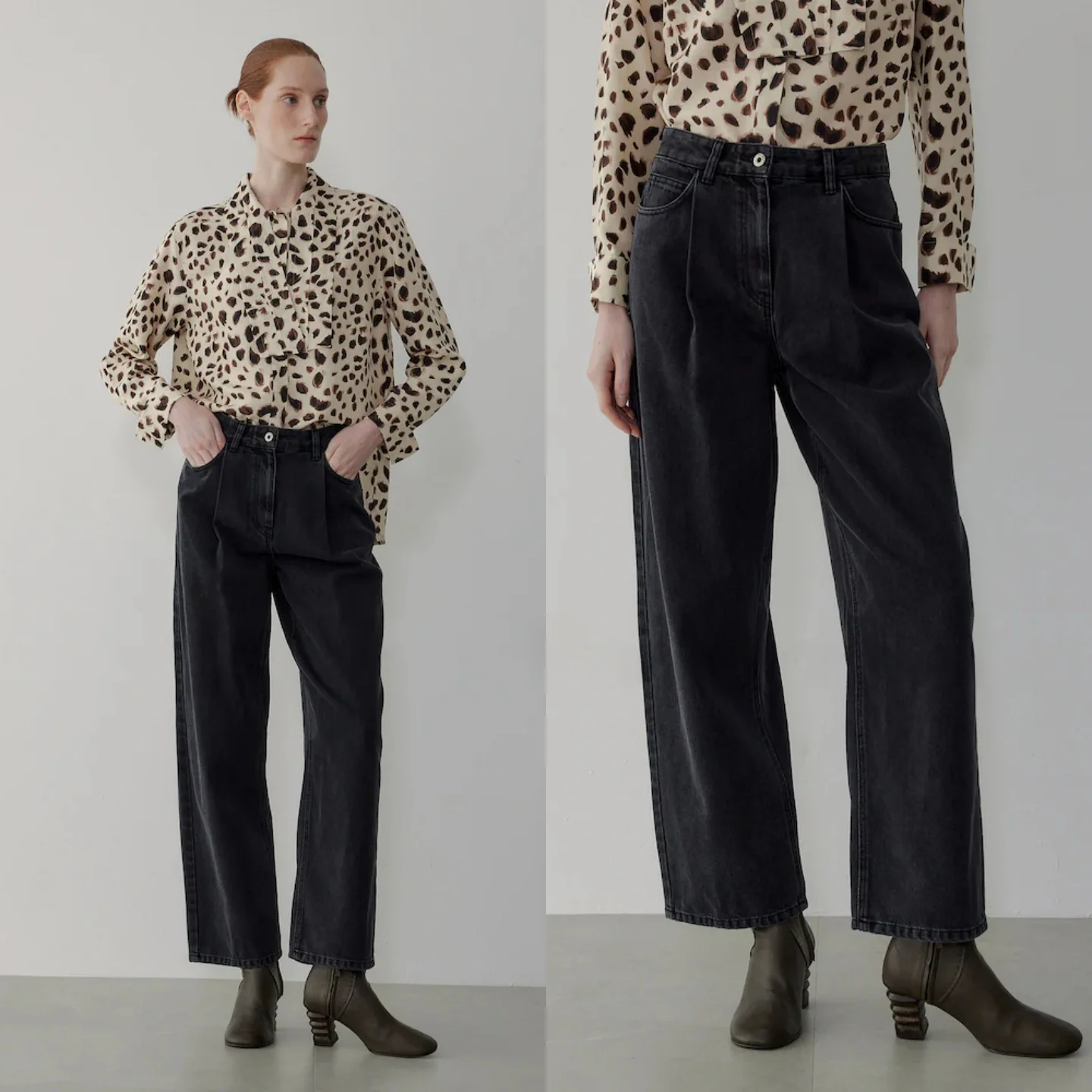 

Slimming Straight Leg Cotton Jeans mid High Waist Pleated Casual Versatile Wide Leg Denim Pants for Women Deep Color