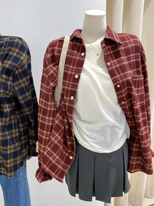 

Классический красный клетчатый длинный све irt Осень-зима Базовый полосатый базовый слой Открытый кардиган с высокой талией Свободный крой Корейский...