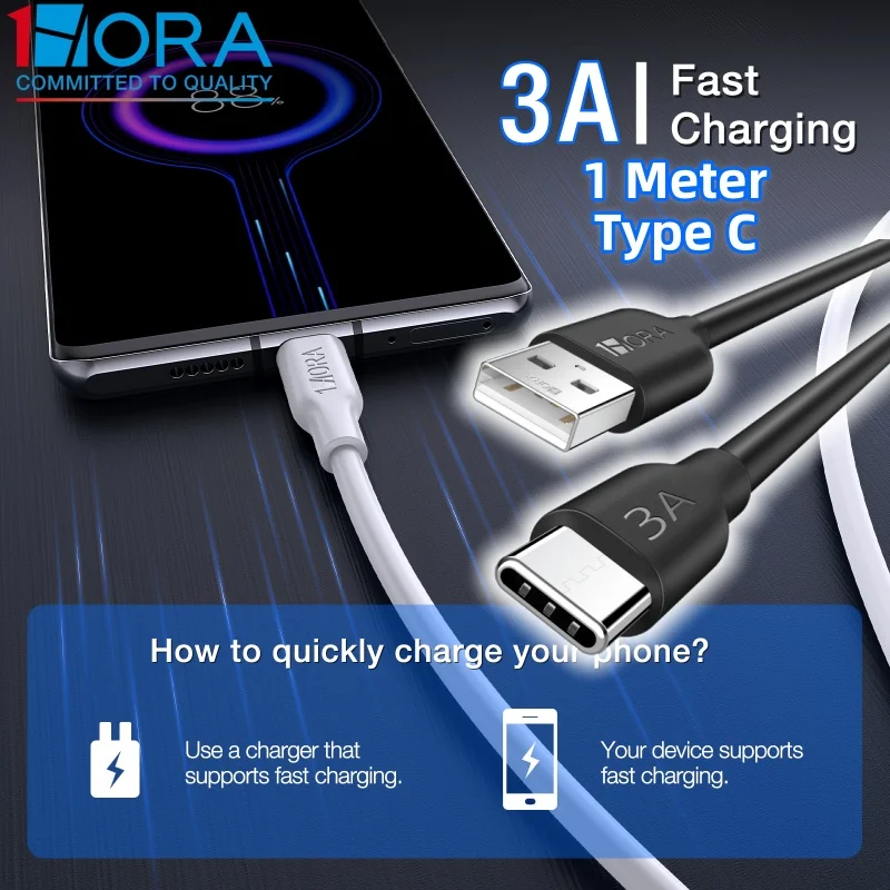 1HORA Data Cable 3A USB Type C Fast Charging Cable 1M PVC Material Durable Type C Charging Cable For Tablet Samsung Android