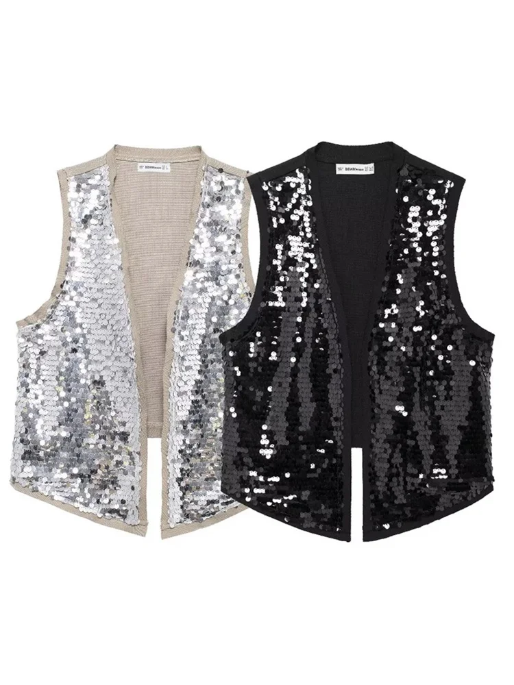 

Zevity Women Euro V Neck Open Stitching Shinning Sequined Design Casual Vest Jacket Ladies Retro Cardigan WaistCoat Tops CT6278