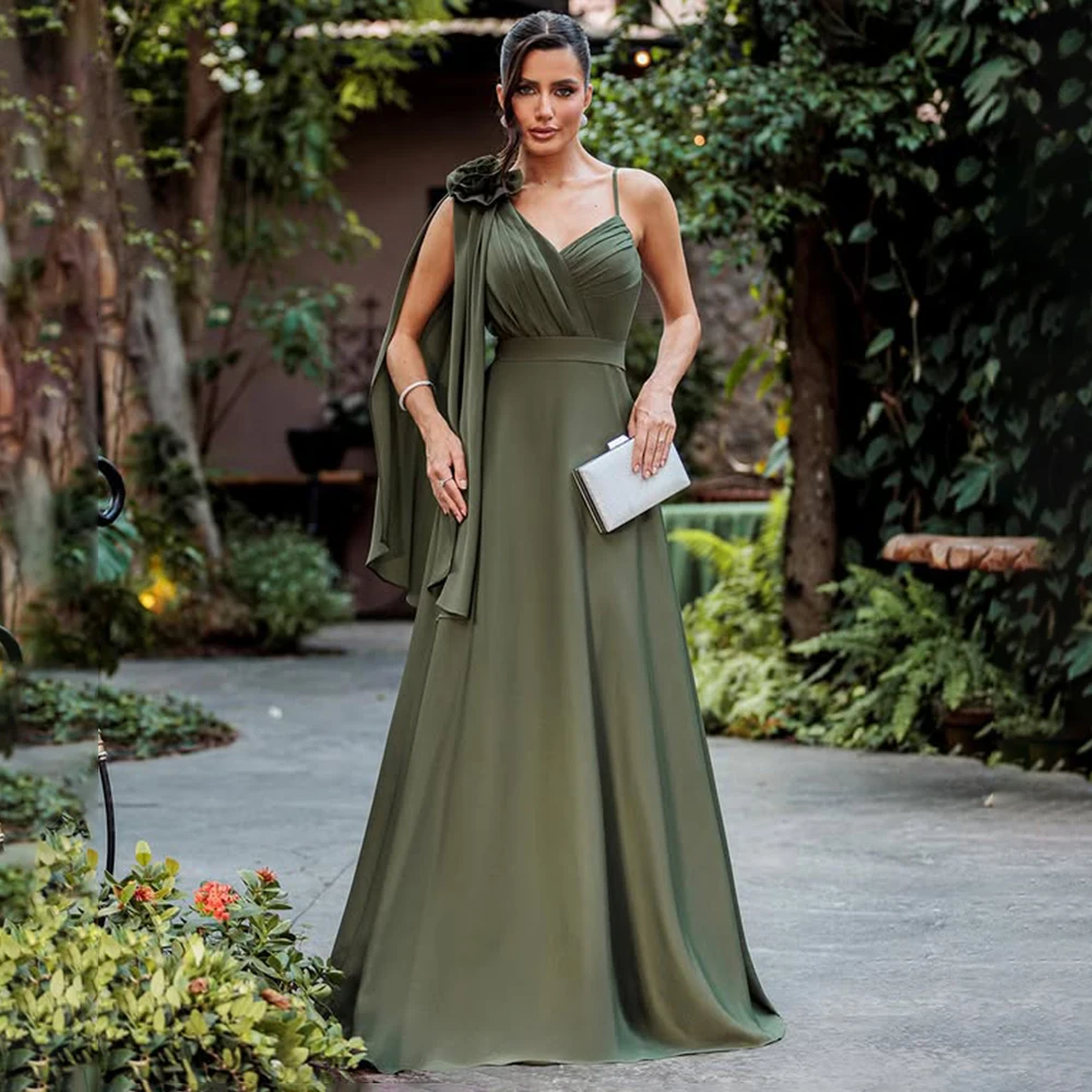 

Custom Made V-neck Spaghetti Straps Flowers Evening Dress Straight Backless Floor Length Bridesamaid Dress with Train Vestidos