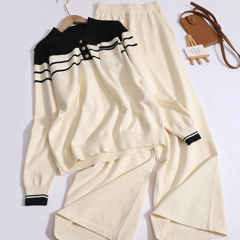 

Женский трикотажный костюм из двух предметов, Свободный Топ контрастных цветов с отложным воротником и длинными рукавами и широкие брюки с карманами, повседневный костюм на осень