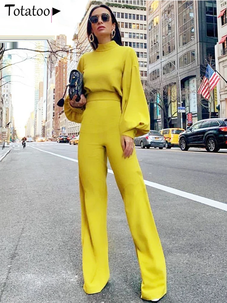 Women's Elegant Lantern Sleeve Jumpsuit Open Back Zipper Wide Leg Sexy Rompers Office Lady Workwear Overalls Autumn 2024