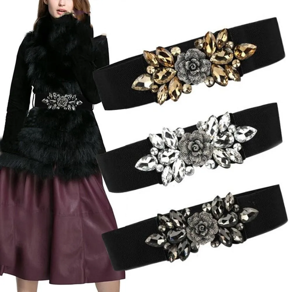 Fascia elastica con fiore rosa di personalità Cintura larga da donna in stile coreano Cintura con cinturino nero Giacca con cintura in vita con strass