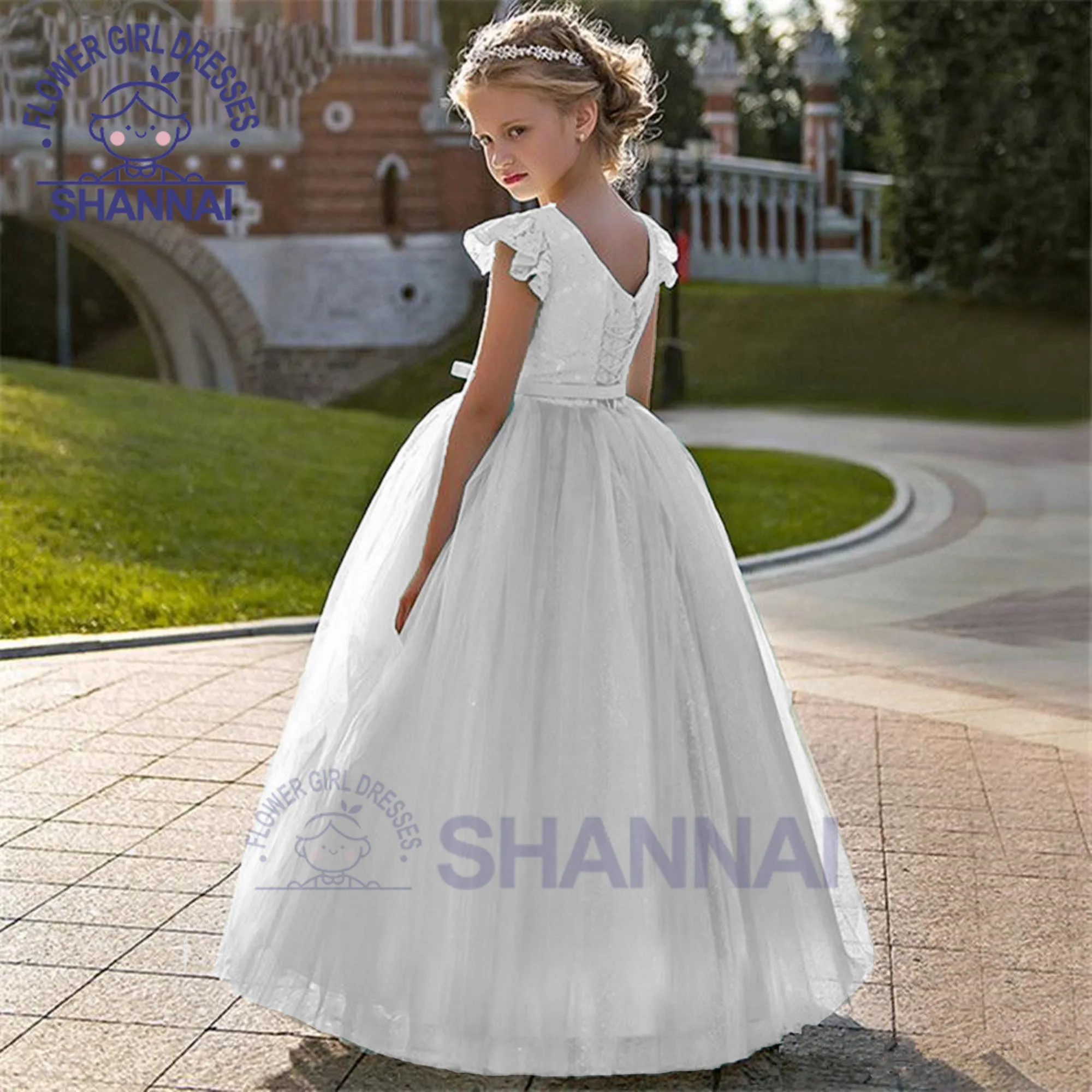 2023 White Sleeveless Floor Length Lace Pageant Flower Girl Dresses for Princess First Communion Dresses Kids Prom Gown