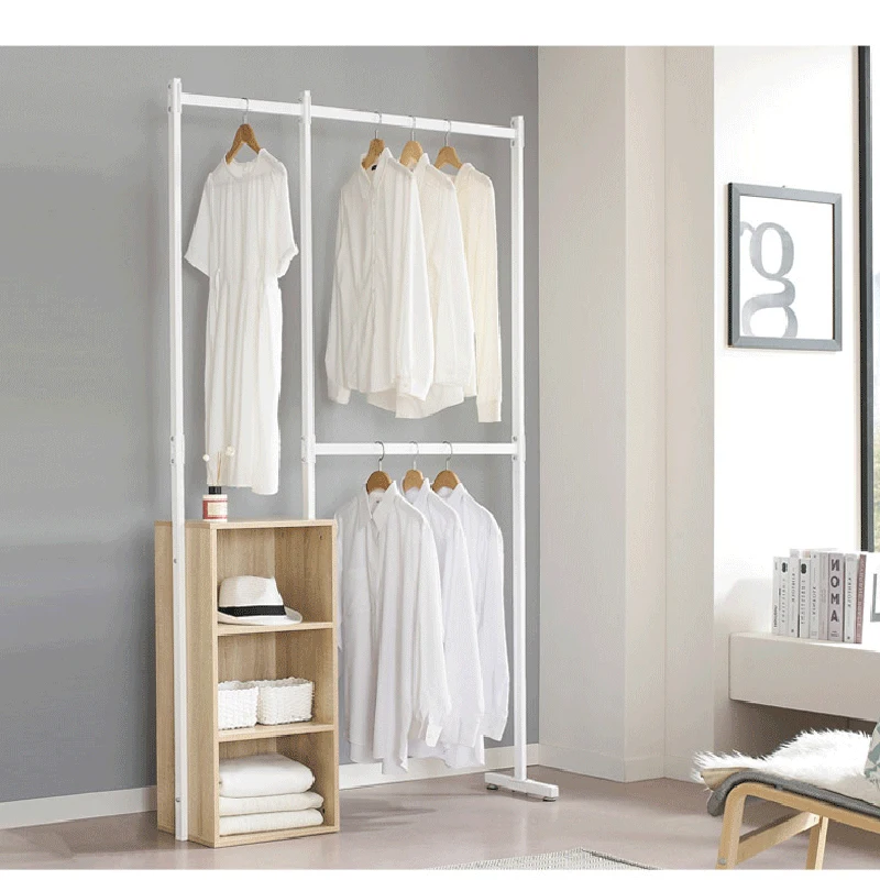 Straight hair Hong Kong simple wrought iron solid wood coat rack storage cabinet drawer storage minimalist floor open rack