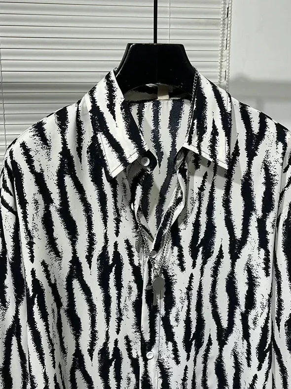 Men's Long Sve Ice Silk Chiffon irt Leopard Print No Ironing Sl Qui Dry Breathable European Sle Loose Fit Casu...