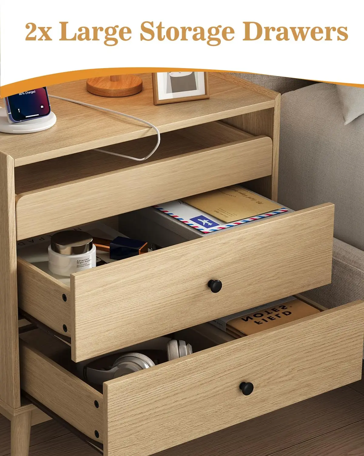 24" Wide Nightstand Set Of 2, Hidden Charging Station, 2 Drawers Night Stand With Pull-Out Shelf, Modern Beside End, Customized - view 4