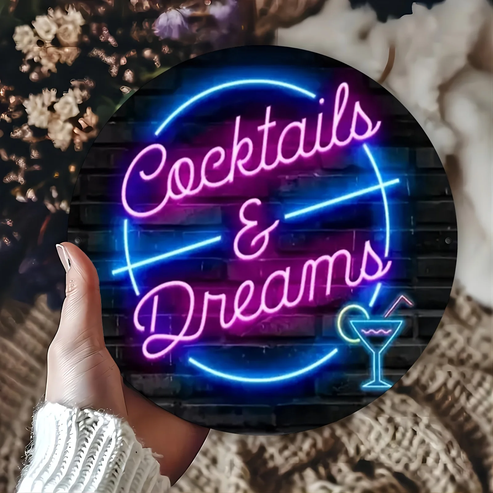 2D flat, 1pc retro Neon-style "Cocktails and Dreams" wooden - humorous wall art, perfect gift view 5