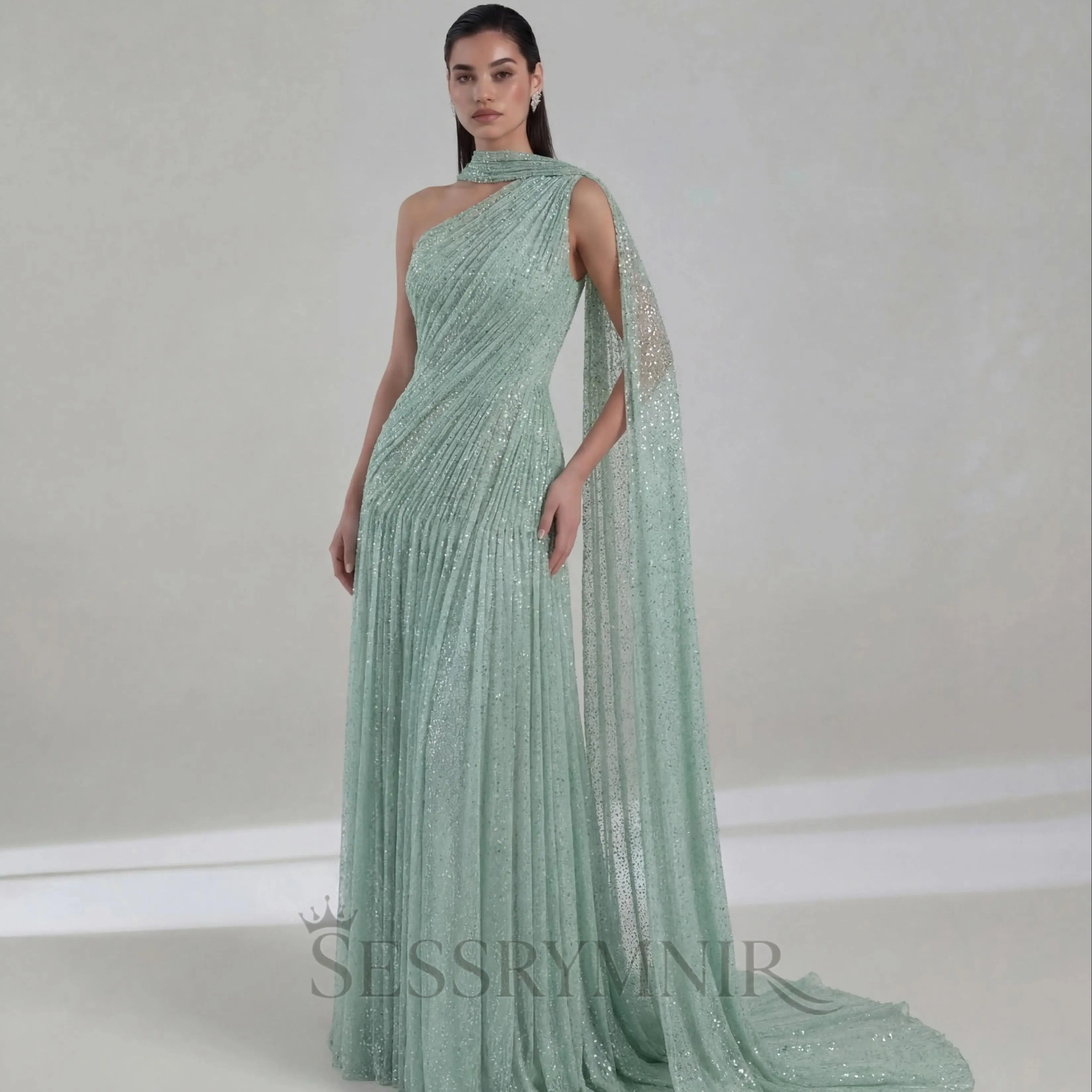 

SESSRYMNIR Women'S Formal Evening Gowns Customize One-Shoulder Ruffle A-Line Evening Dresses Flowers Sweep Train Elegant Party
