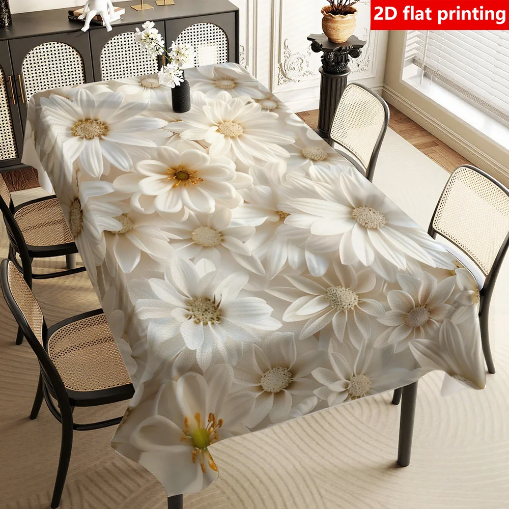 2D flat printing, 1pc luxurious white floral design tablecloth, durable polyester tablecloth